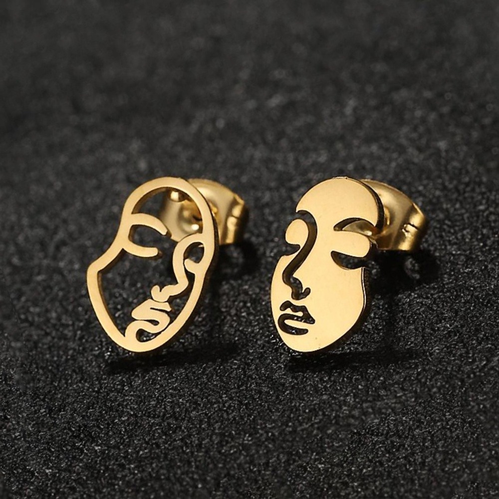Abstract Face Earrings Gold‎ Art Asymmetrical Stud Earrings Gold Stainless Steel